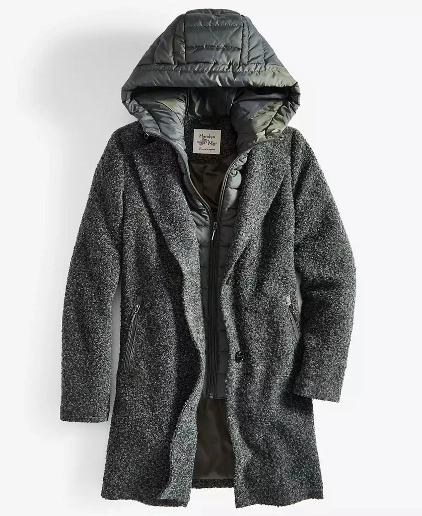Maralyn & Me Juniors' Mixed-Media Bibbed Bouclé Coat 5