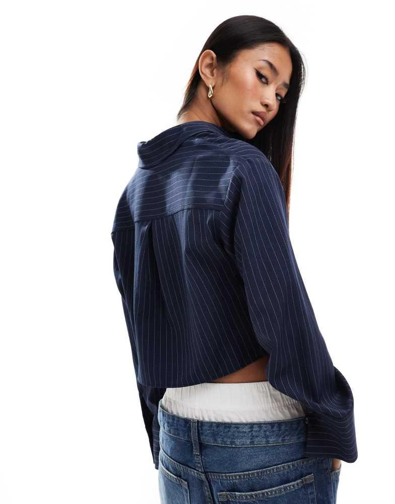New Look New Look stripe cropped shirt in navy 4