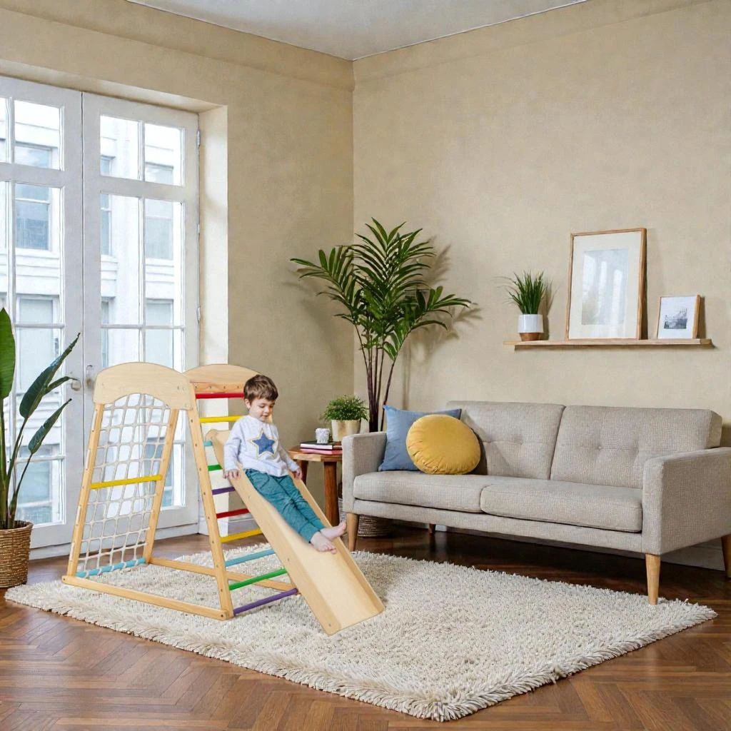 Hivvago 6-in-1 Wooden Indoor Jungle Gym with Double Ramp and Monkey Bars