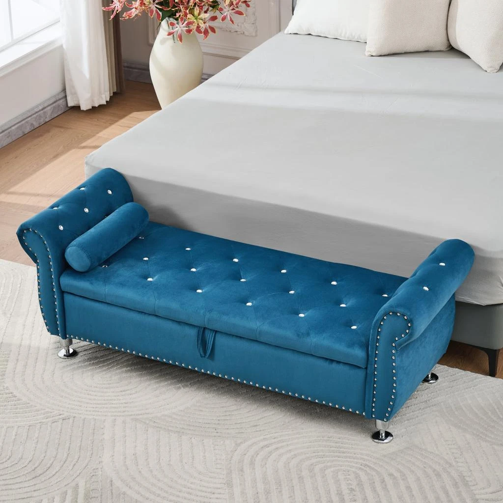 Streamdale Furniture Streamdale Blue 62.2" Soft Velvet Storage Bench with Crystal Buttons 
Pillow 4