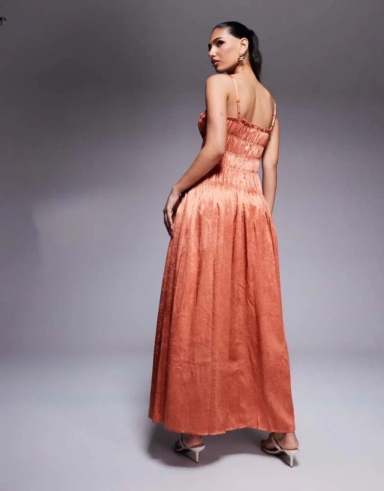 ASOS ASOS DESIGN crushed satin smocked bodice maxi dress in copper 4