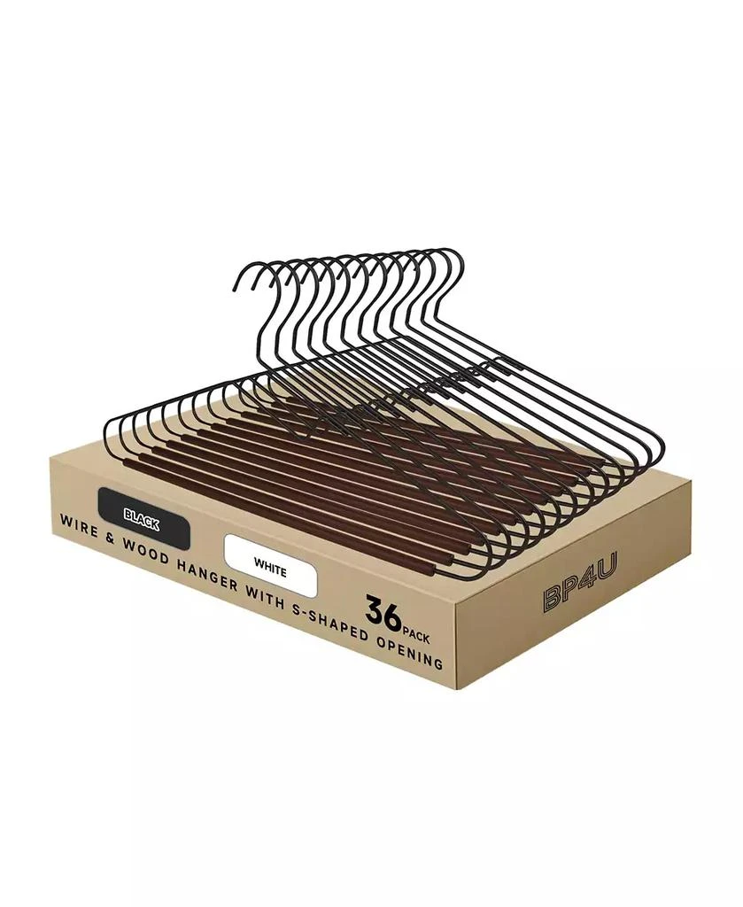 BP4U S-Shaped Opening Metal Hangers with Wooden Pants Bar, Wire Hangers with Beech Wood Trouser Bar for Sweaters, Jackets, Jeans, T-Shirts