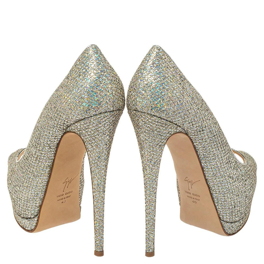 Giuseppe Zanotti Giuseppe Zanotti Silver Glitter And Leather Sharon Peep Toe Platform Pumps Size 40 5