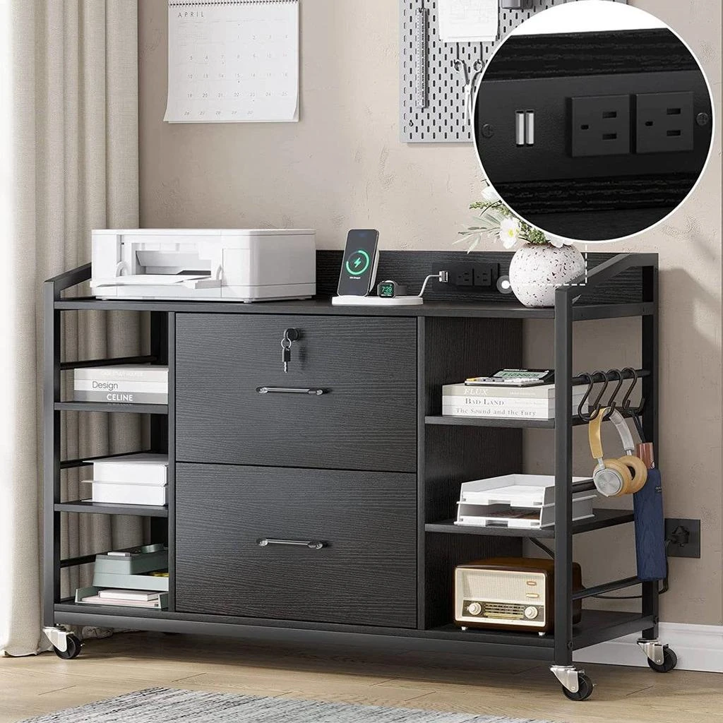 Hivvago Black Printer Stand Bookcase Power Station Mobile Office File Cabinet