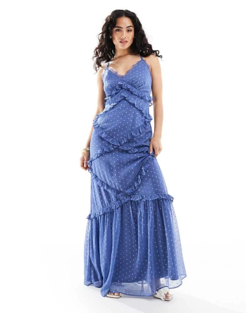 Anaya lace trim ruffle midi dress in blue – On Sale Now with Up to