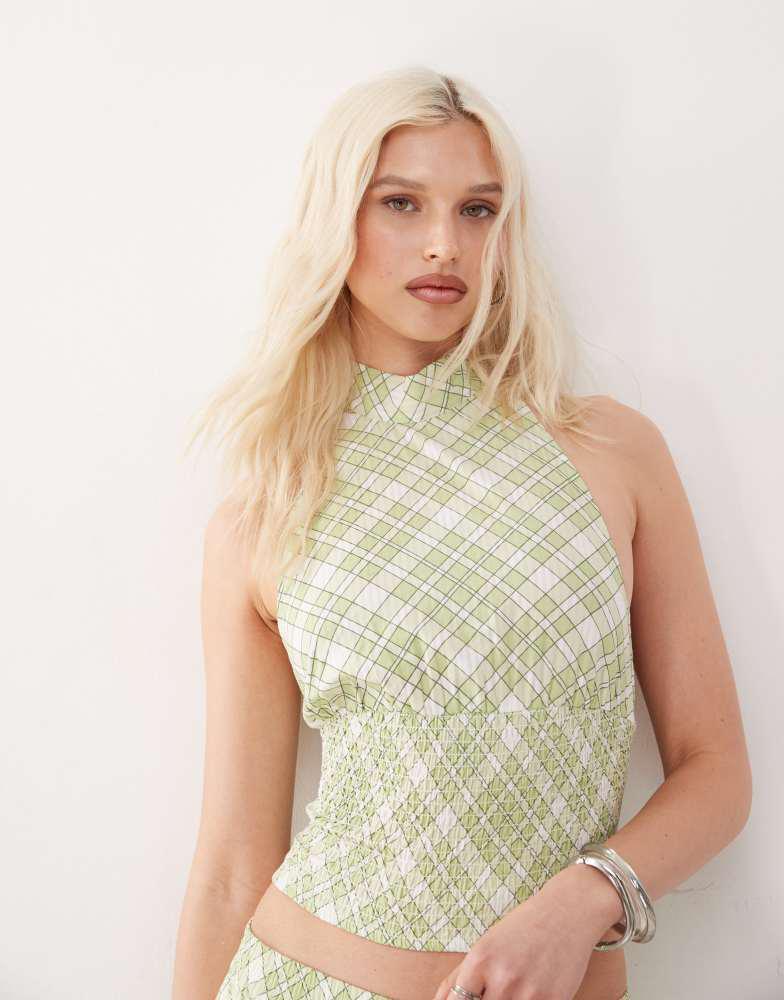 COLLUSION COLLUSION halter shirred top co-ord in green check