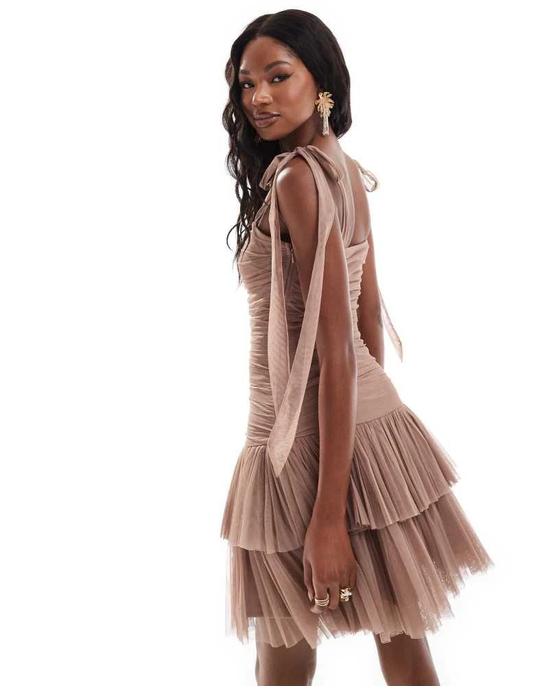 Lace & Beads Lace & Beads ruched bow shoulder tulle mini dress in rose brown 4