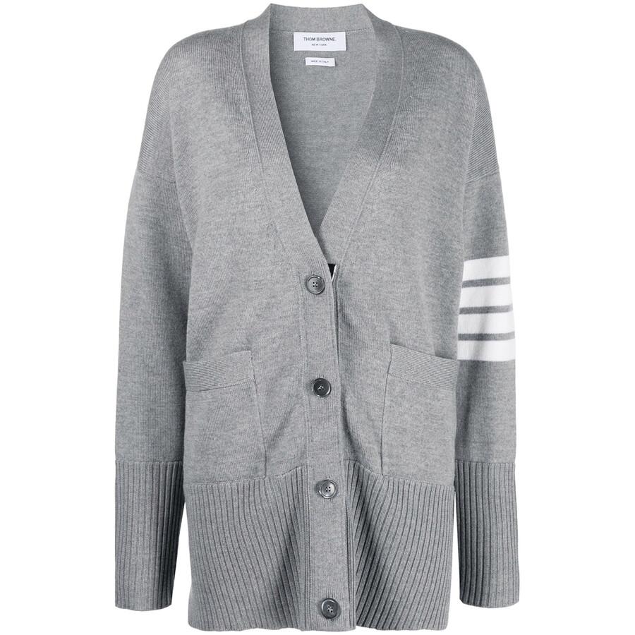 Thom Browne Light Grey 4-Bar Exaggerated Fit V-Neck Cardigan