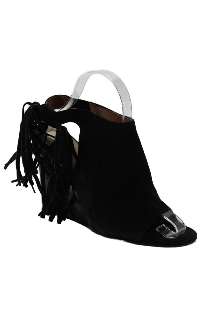 Chloé Womens Suede Peep Toe Tassel Trim Open Heel Wedges Black 1