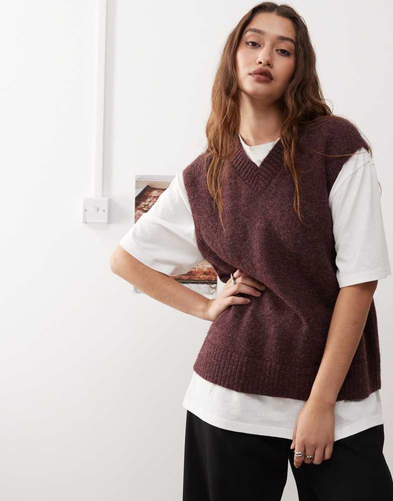 Weekday Weekday Kayla wool blend oversized v neck vest in wine red