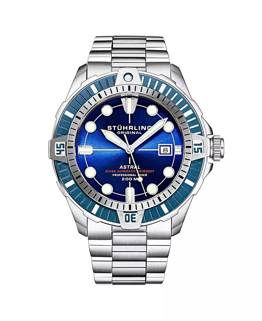 Stuhrling Men s Astral Diver 44mm Swiss Automatic Watch, Blue Dial, Stainless Steel Bracelet, Rotating Bezel, 200M Water Resistant 1