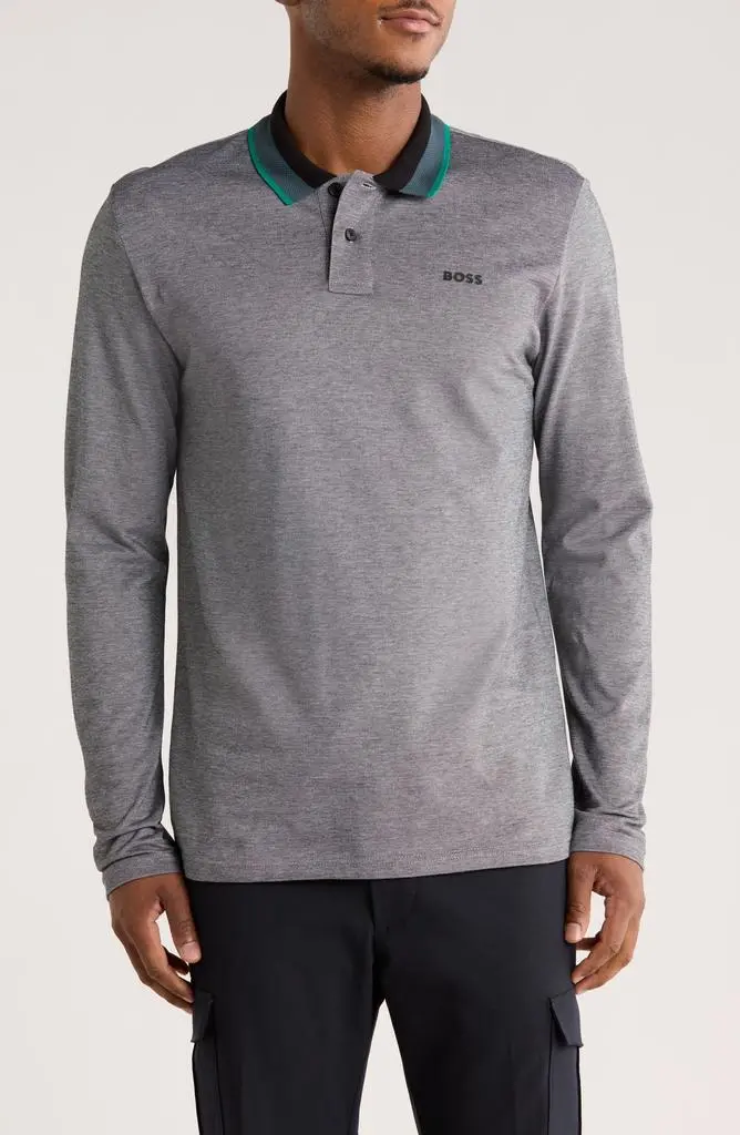 Hugo Boss Stripe Collar Long Sleeve Cotton Piqué Polo