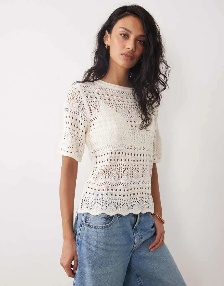 JDY JDY open knit boxy half sleeve top in cream