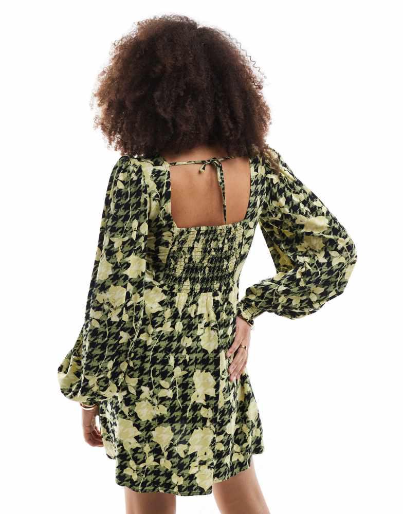 ASOS ASOS DESIGN square neck blouson sleeve mini dress in green and yellow floral print
