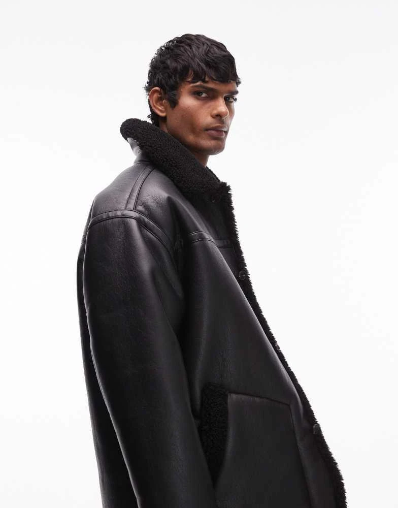 Topman Topman faux shearling jacket with shearling collar in black 1
