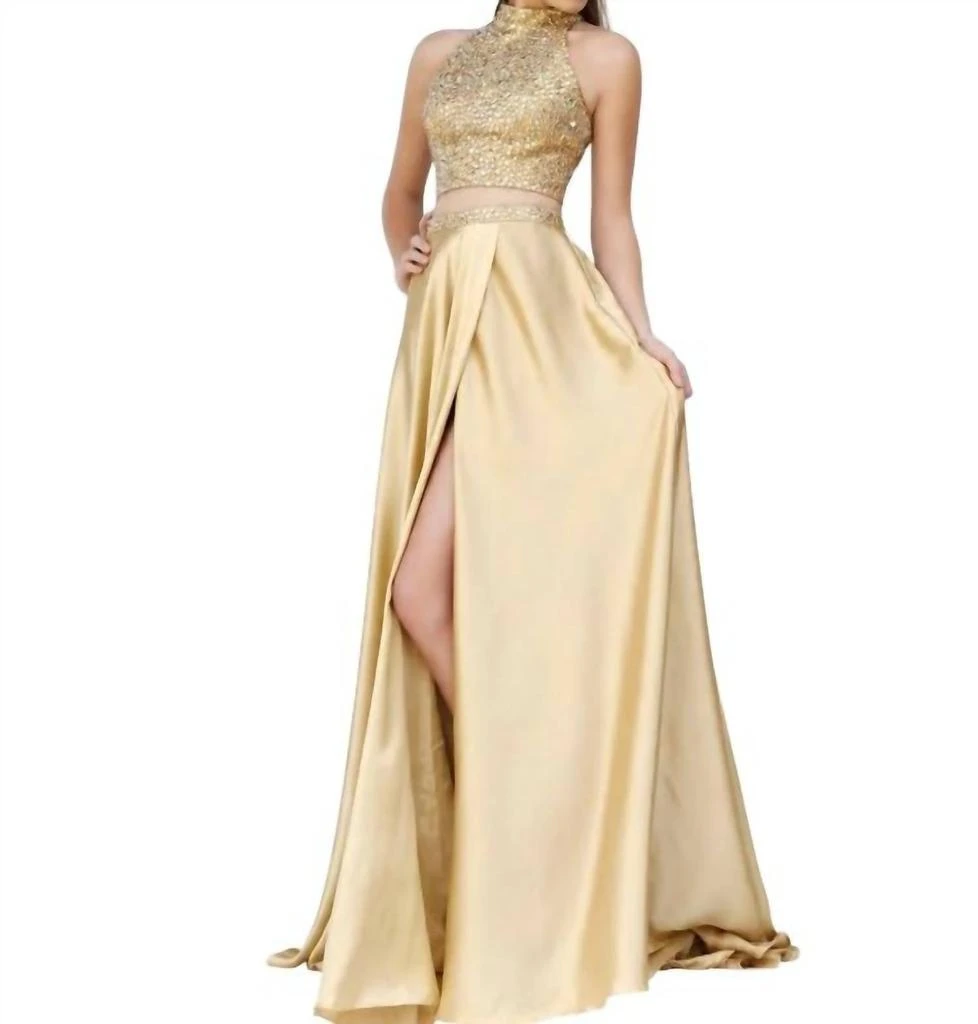 Sherri Hill Sherri Hill - Two Piece Beaded Halter High Slit Gown
