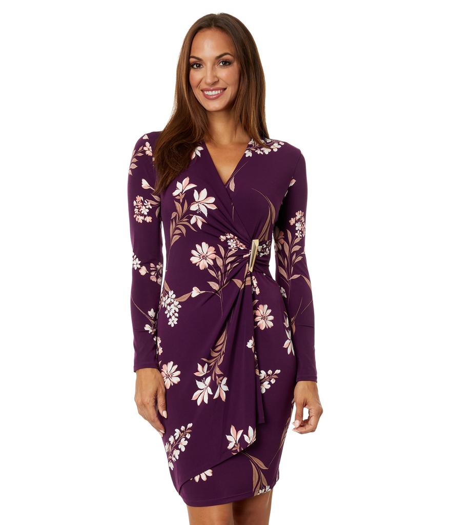 Calvin Klein Matte Jersey V-Neck Dress with Gold V-Bar and Side Ruching