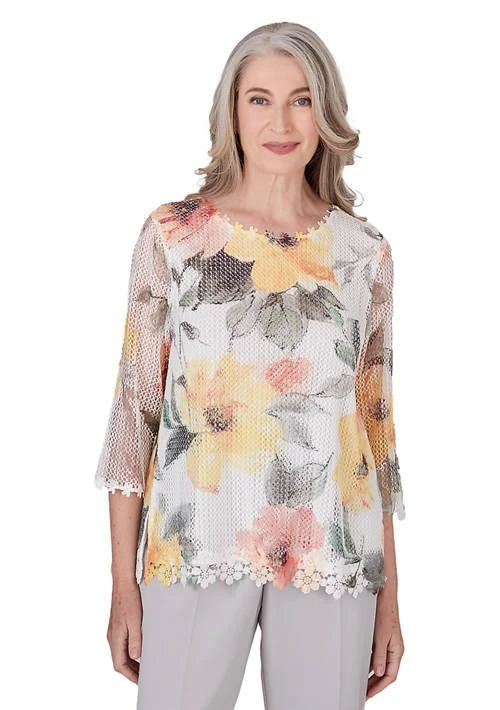 Alfred Dunner Dunner Womens Charleston Watercolor Floral Mesh Top 1