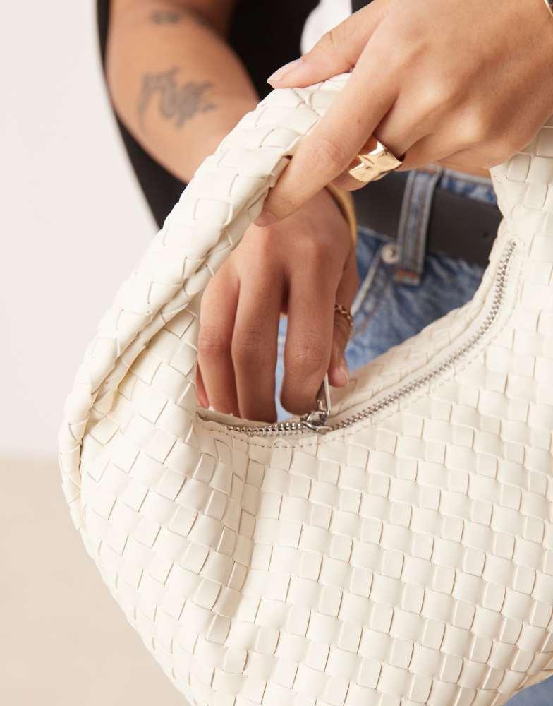 GINA TRICOT Gina Tricot braided weave small tote handbag with twisted handle in off white
