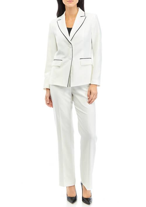 Le Suit Suit Womens Two Button Jacket With Contrast Piping And Kate Pant Set