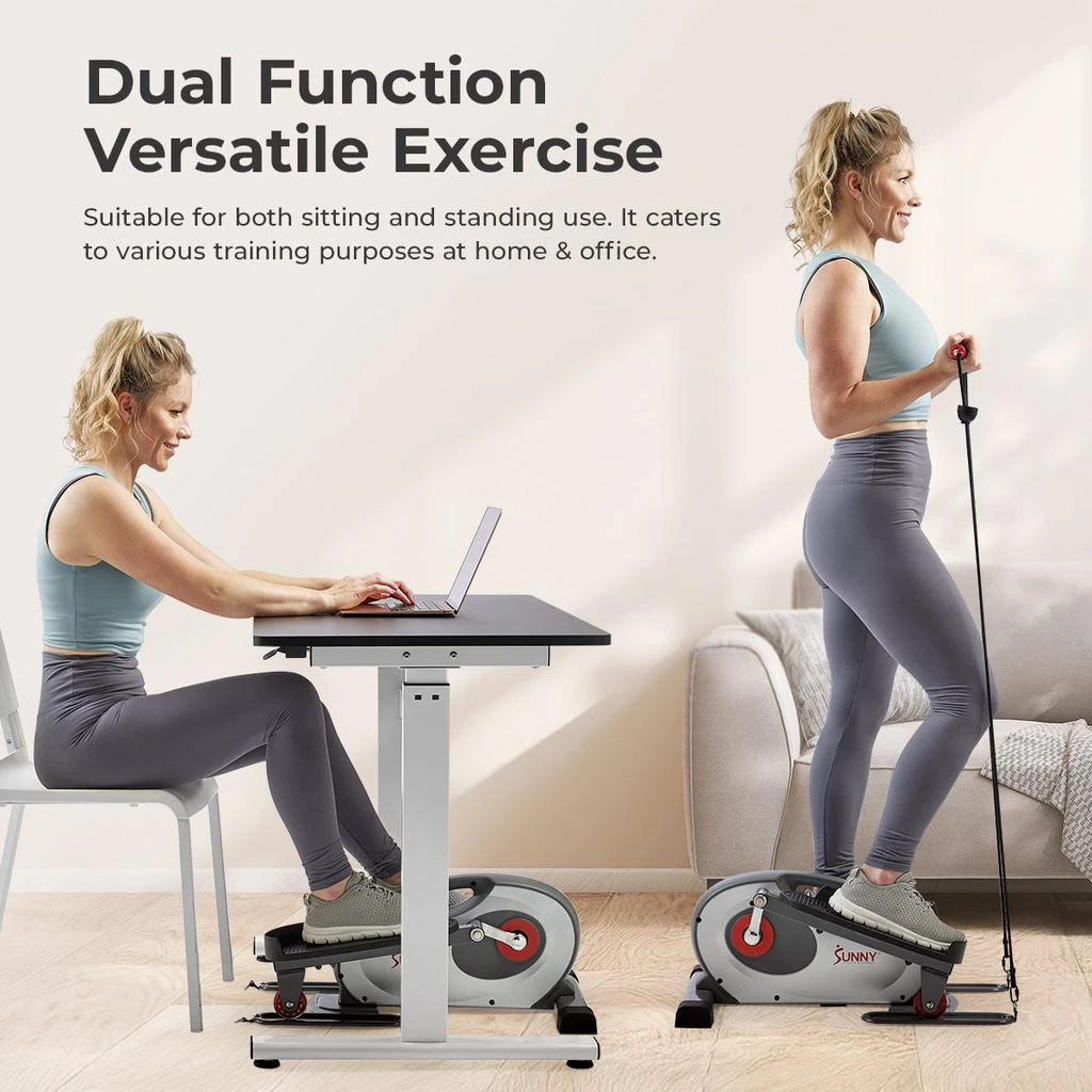Sunny Health & Fitness Smart Stand/Sit Mini Elliptical Exercise Trainer with Resistance Bands 4