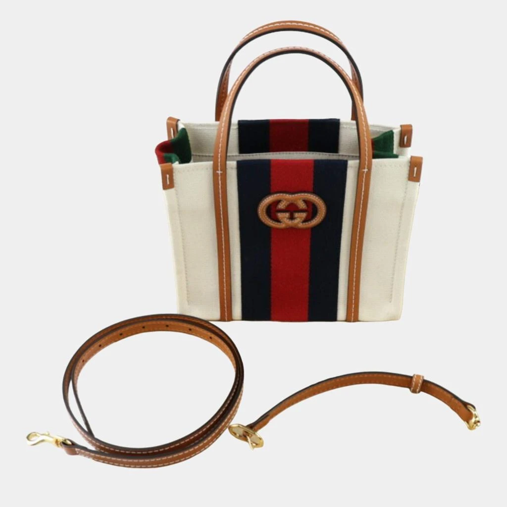 Gucci Gucci Beige Red Navy Green Brown Canvas Leather Sherry Line Interlocking G Mini Tote Bag 4