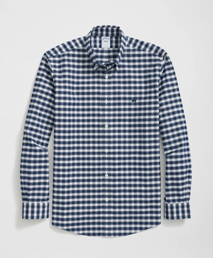 Brooks Brothers Stretch Cotton Non-Iron Oxford Polo Button Down Collar, Outline Check Shirt