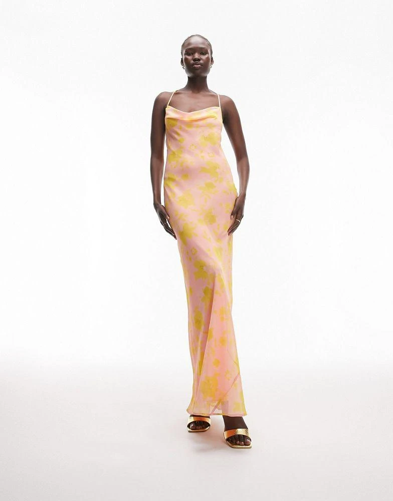 Topshop Tall Topshop Tall cowl neck cami maxi slip dress in pink and yellow print 1