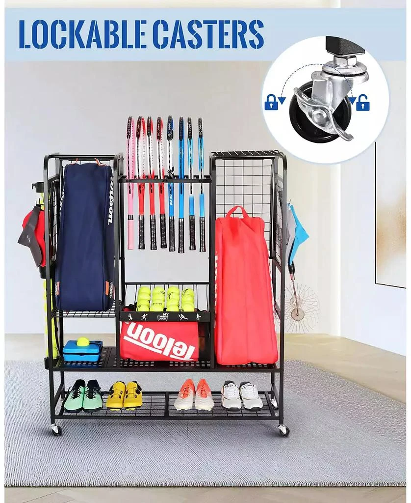 Mythinglogic Tennis Equipment Storage Rack - Organizer for Rackets, Balls 
Bags for Garage, Club or School 4