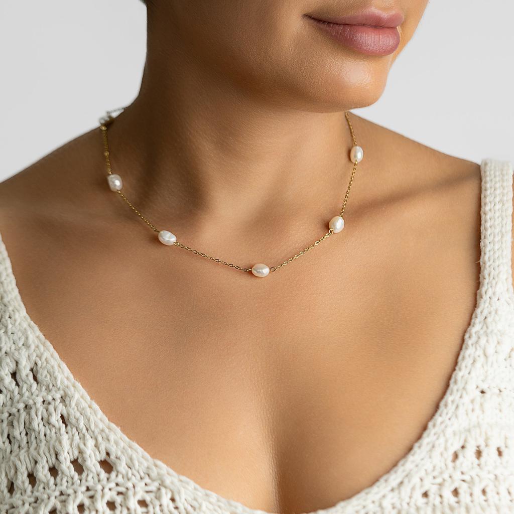 ADORNIA Tarnish Resistant 14K Gold Plated Adjustable Station Freshwater Pearl Necklace