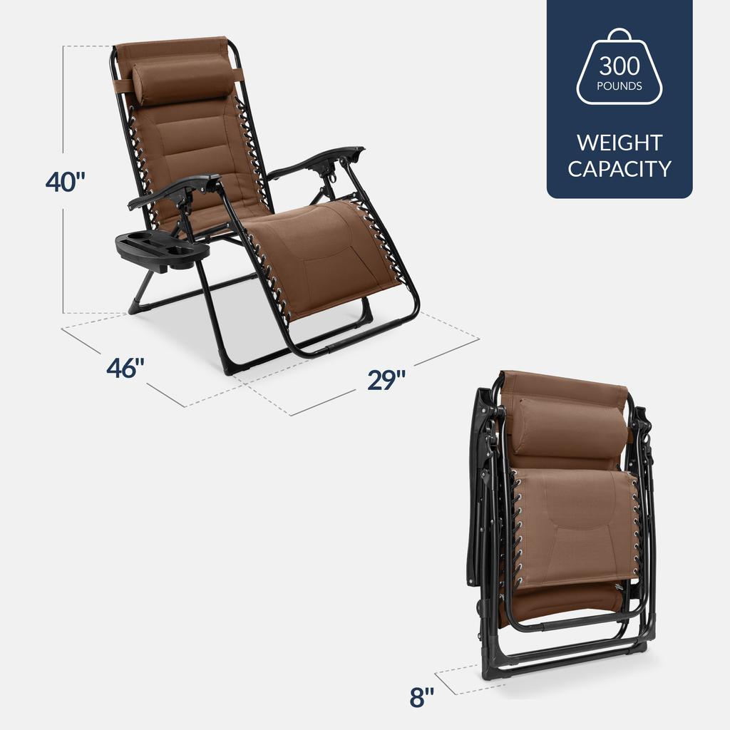 Best Choice Products Oversized Padded Zero Gravity Chair, Folding Outdoor Patio Recliner w/ Side Tray - Brown