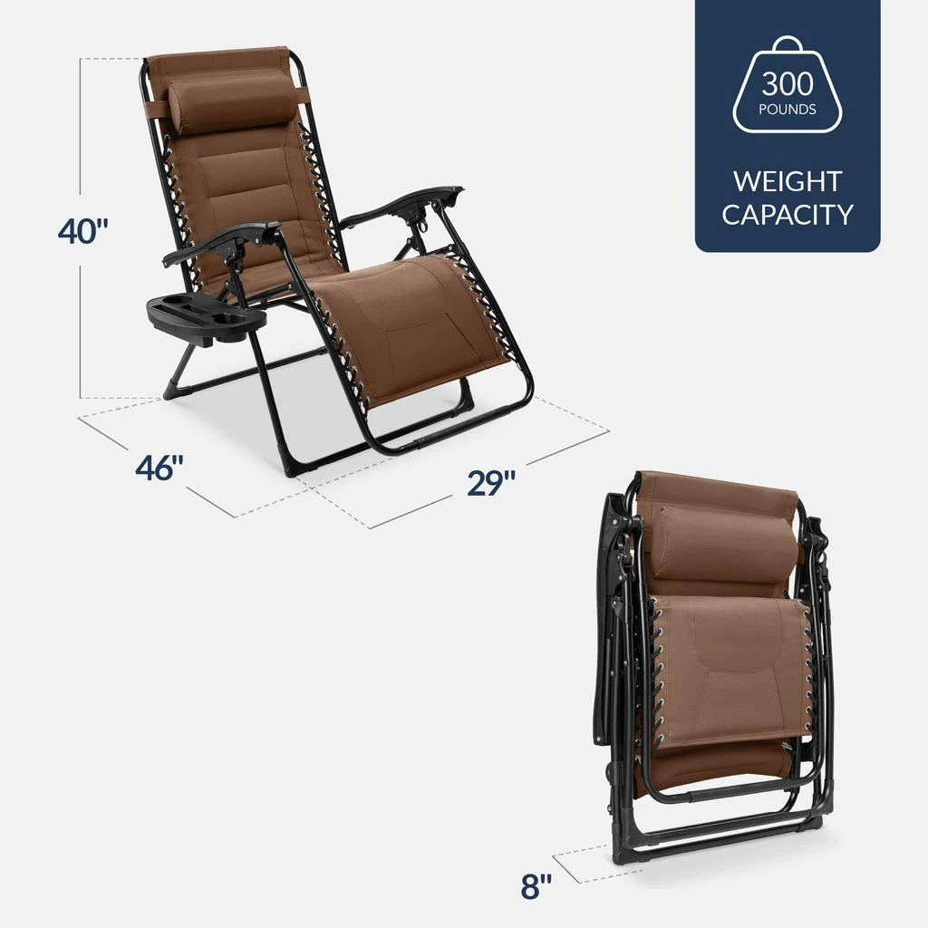 Best Choice Products Oversized Padded Zero Gravity Chair, Folding Outdoor Patio Recliner w/ Side Tray - Brown 2