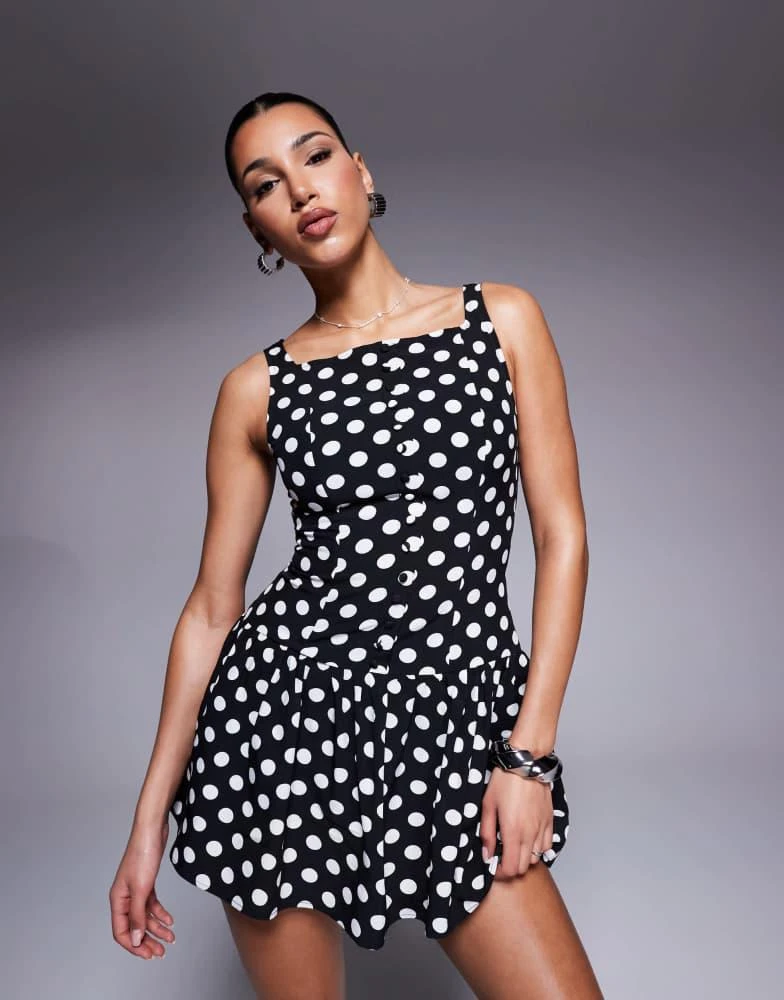 Kaiia Kaiia exclusive high square neck button front gathered skirt mini dress in mono polka dot 1