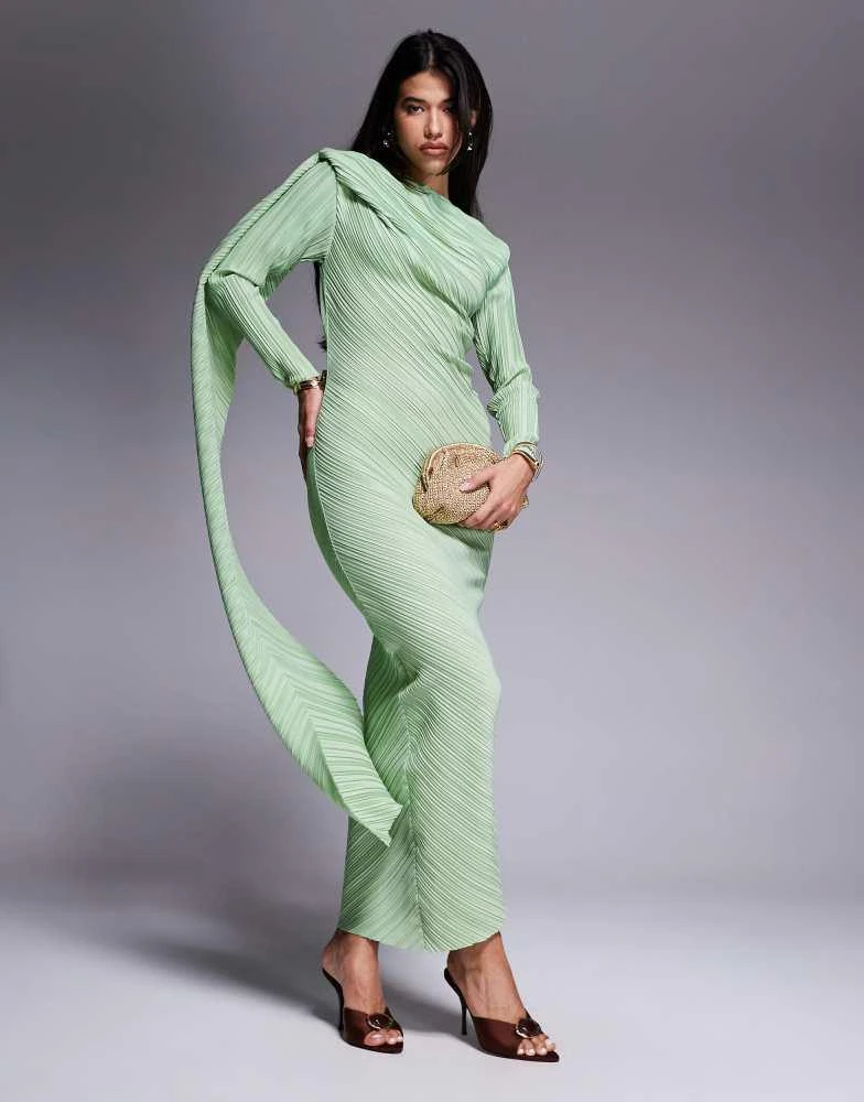 ASOS ASOS DESIGN plisse long sleeve drape detail maxi dress in mint green 1