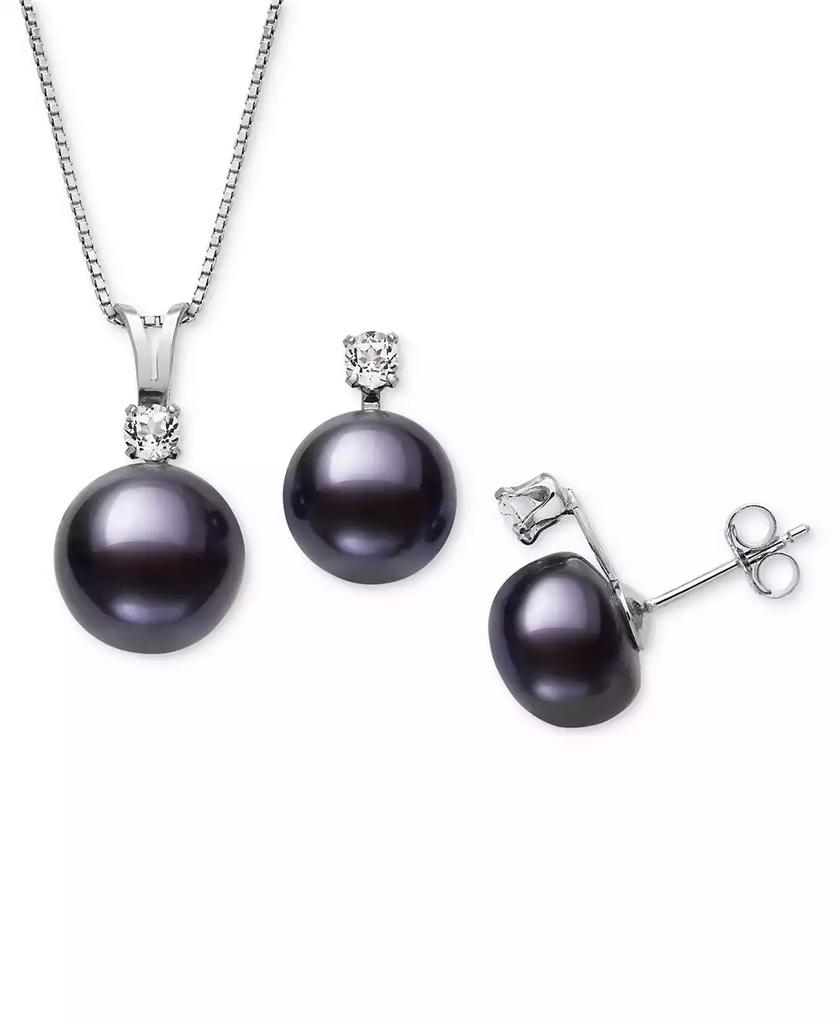 Belle de Mer 2-Pc. Set Dyed Black Peacock Cultured Freshwater Pearl (9-10mm) & Lab-Created White Sapphire (1/3 ct. t.w.) Pendant Necklace & Stud Earrings in Sterling Silver (Also in Blush Pink Freshwater Pearl)