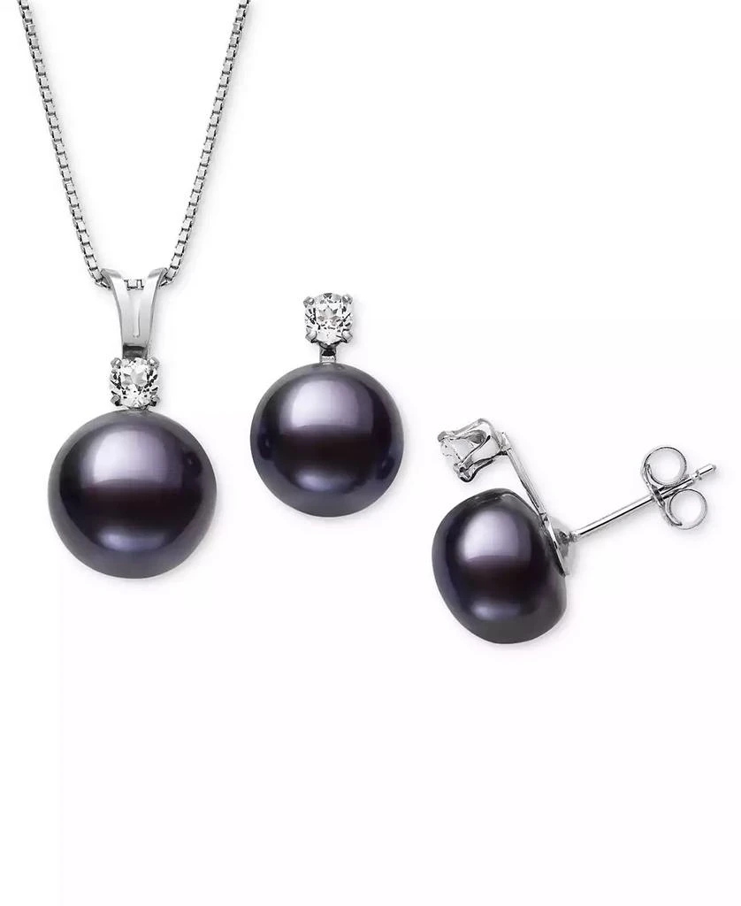 Belle de Mer 2-Pc. Set Dyed Black Peacock Cultured Freshwater Pearl (9-10mm) & Lab-Created White Sapphire (1/3 ct. t.w.) Pendant Necklace & Stud Earrings in Sterling Silver (Also in Blush Pink Freshwater Pearl) 1