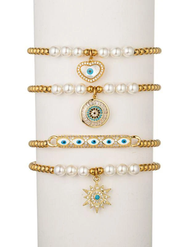 Eye Candy LA Jaden Cubic Zirconia, Shell Imitation Pearl & Goldtone Brass 4-Piece Stretch Bracelet Set 1