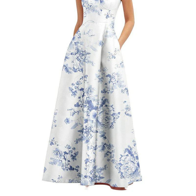 Alfred Sung Floral Lace-Up Back Bustier Satin Dress With Full Skirt and Pockets D852FP 1