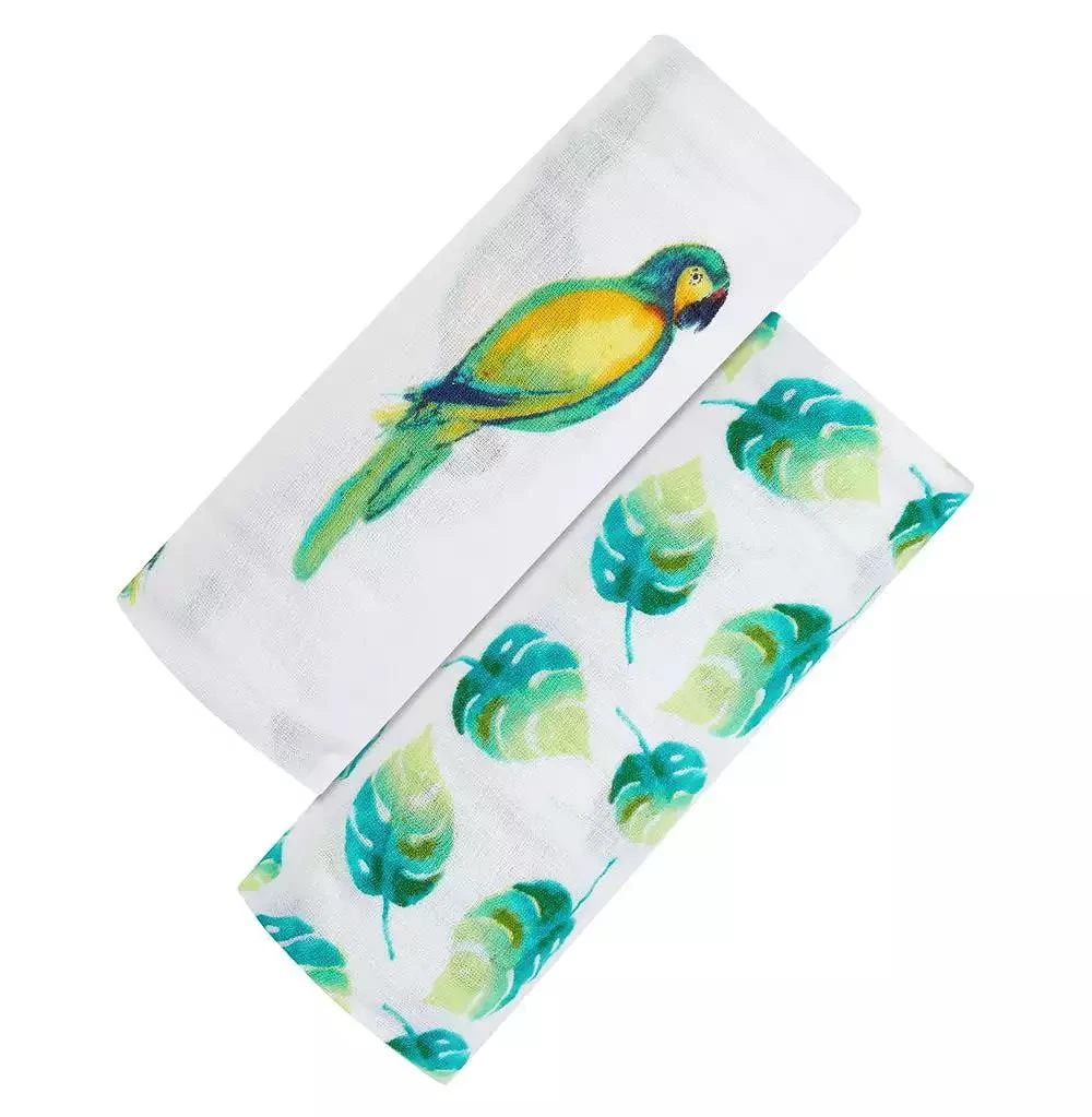 Malabar Baby GOTS Certified Organic Muslin Swaddle - Two-Pack Gift Set, Tropical Paradise (Parrot + Leaf)