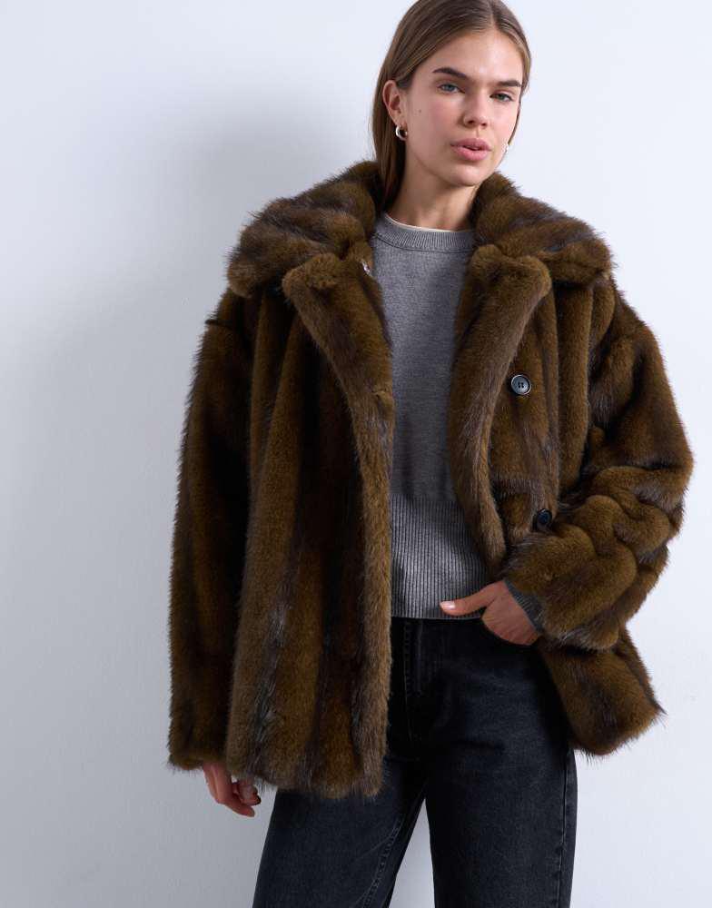 Topshop Topshop faux fur short car coat in natural stripe