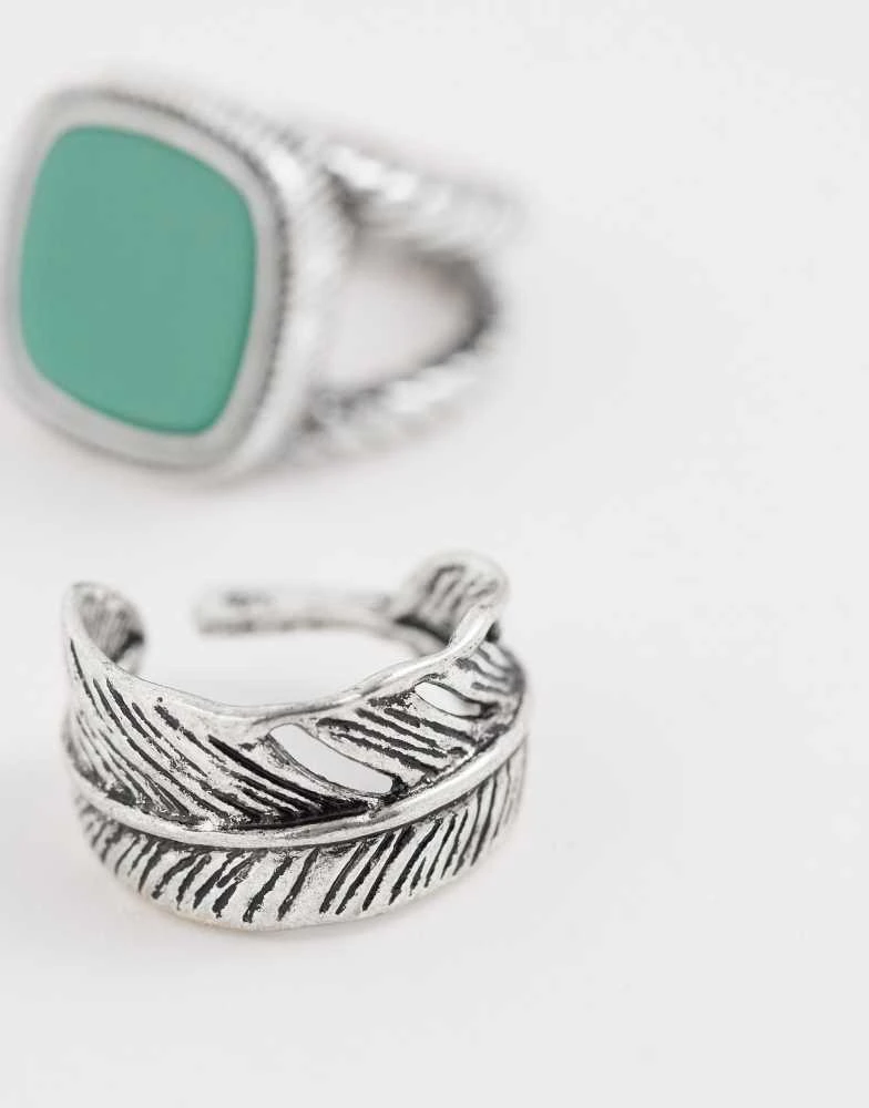 Reclaimed Vintage Reclaimed Vintage unisex 2 pack feather wrap around ring in burnished silver 2