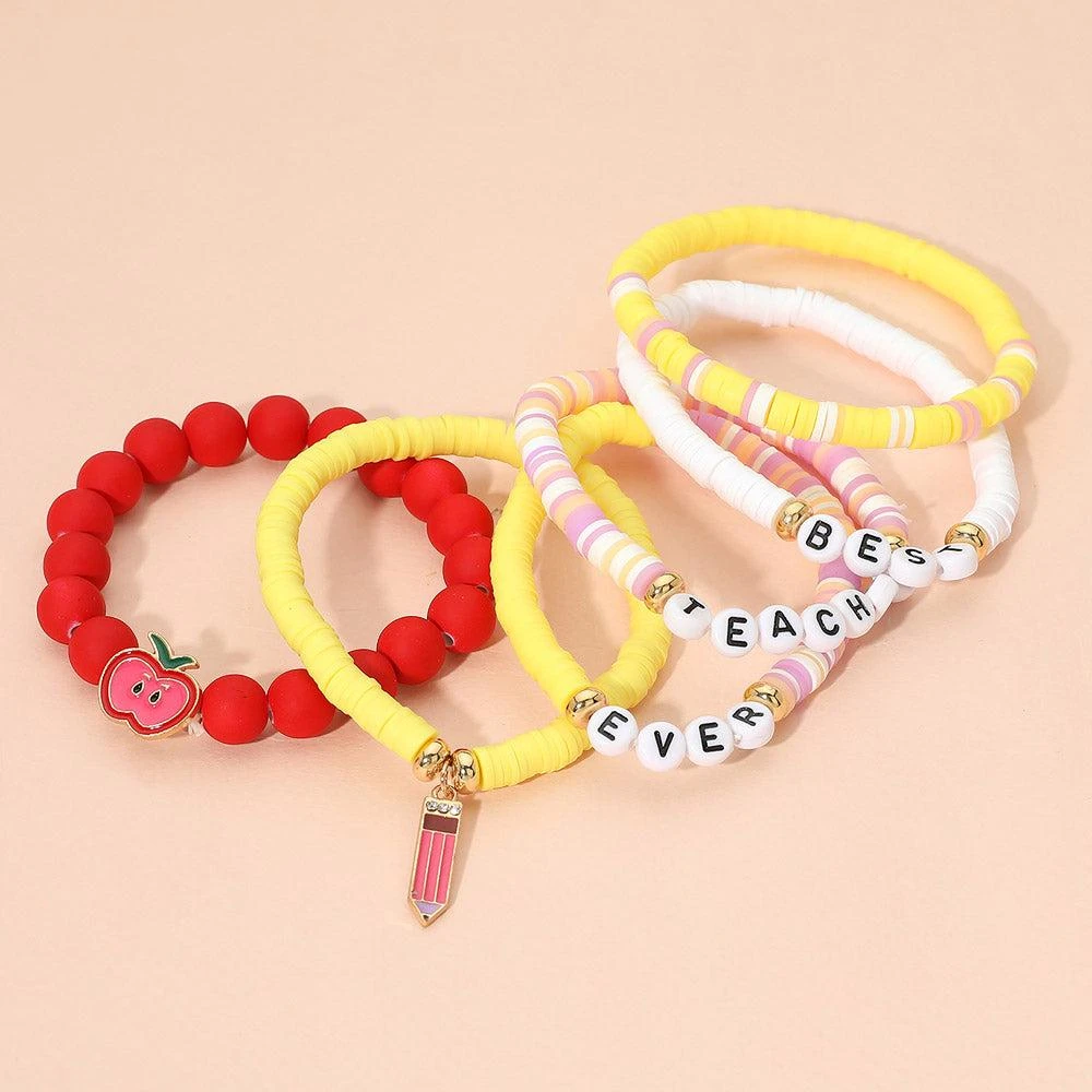 FASHNZFAB 6PCS - BEST TEACHER EVER Message Pencil Apple Charm Heishi Beaded Stretch Multi Layered Bracelets 3