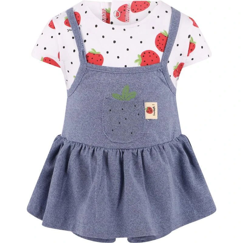 Mayoral Strawberries bodysuit dress and reversible hat with chin strap in blue and white 2