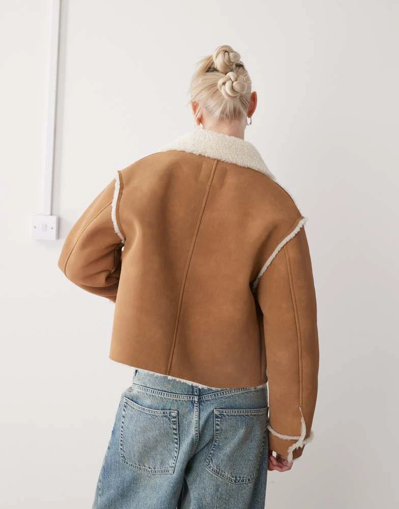 Monki Monki suede aviator jacket with shearling trim and collar in brown 4