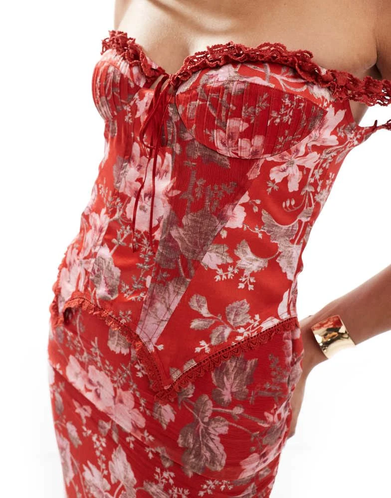 ASOS ASOS DESIGN off the shoulder satin corset detail chiffon ruched midi dress in red floral print 3