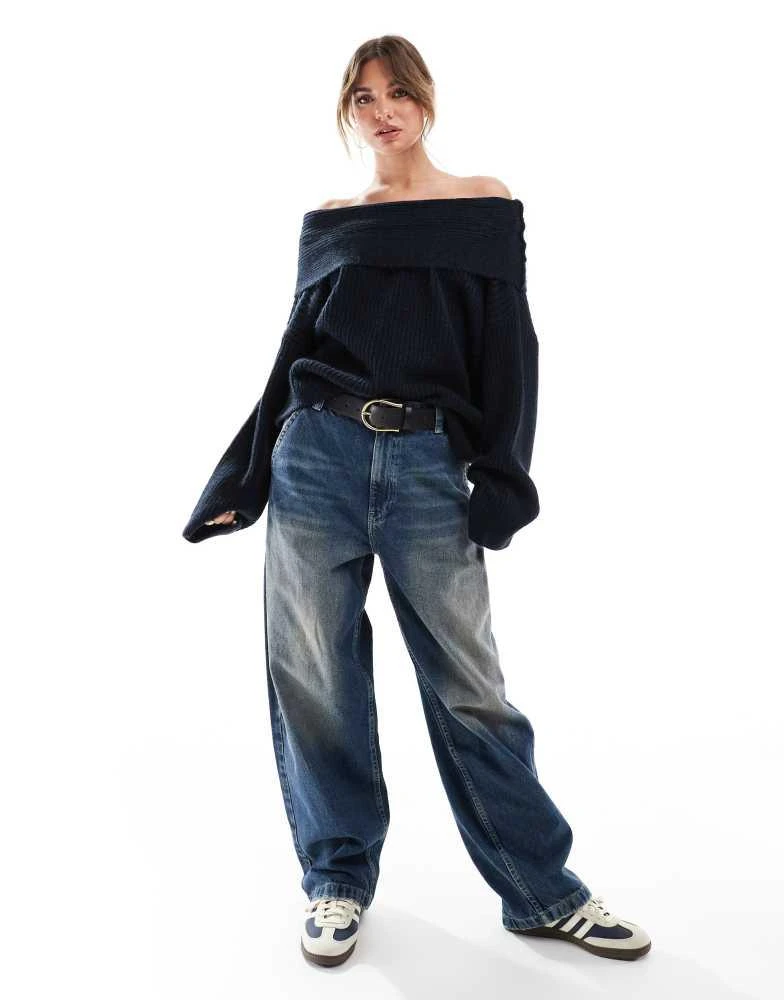 ASOS ASOS DESIGN oversized knitted off shoulder jumper in navy 2
