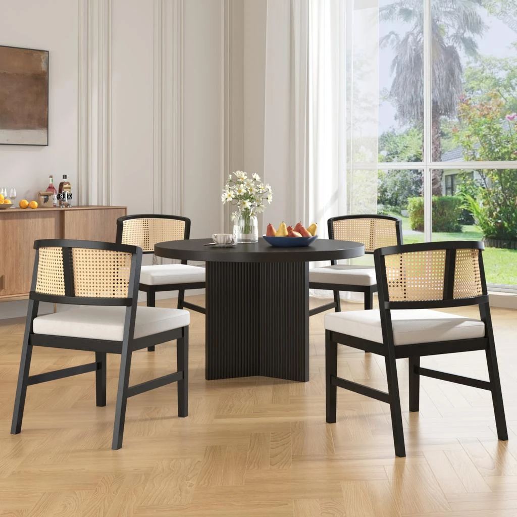 Streamdale Furniture Streamdale Rattan Dining Chairs Set of 2, Fabric Upholstered Kitchen Side Chair, Black 2