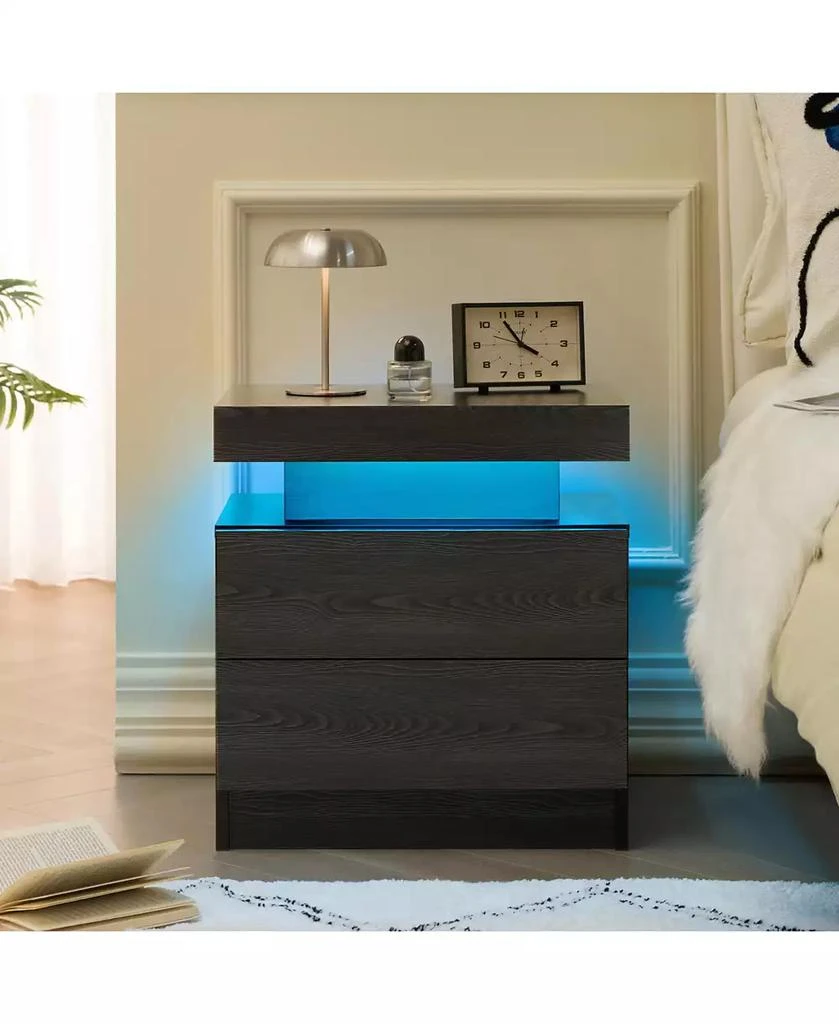 RAINSKEN LED Nightstand with 2 Drawers, Bedside Table Cabinet with Adjustable Color Lighting, Modern End Side Table for Bedroom, Living Room