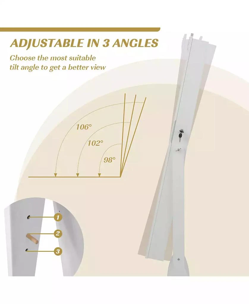 GOUUN Rolling Floor Standing Mirrored Jewelry Armoire with Lock and Drawers 5