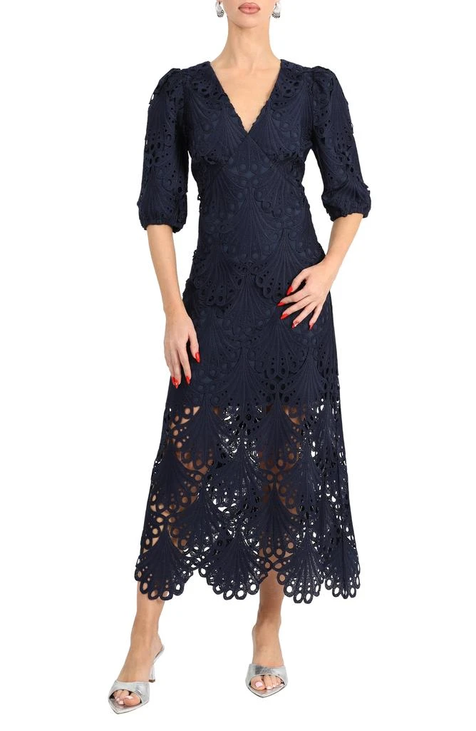 Adelyn Rae Women's Kinsley Puff Sleeve Lace Midi Dress - Blue - Casual dresses